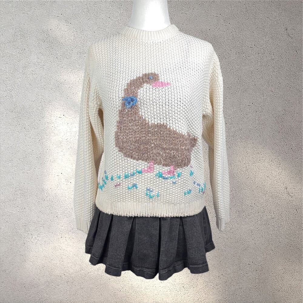 VTG 70s Jantzen Knit Duck Sweater Women's S Cream Country Cottage Prairie Autumn